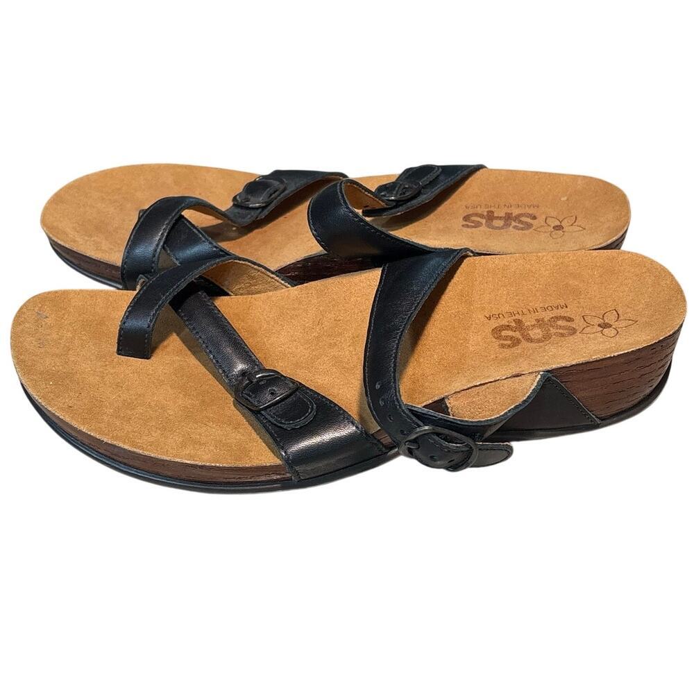 SAS Shelly Brown & Black Toe Loop Leather Sandal Slides Shoes Size 8 Wide - Picture 2 of 11